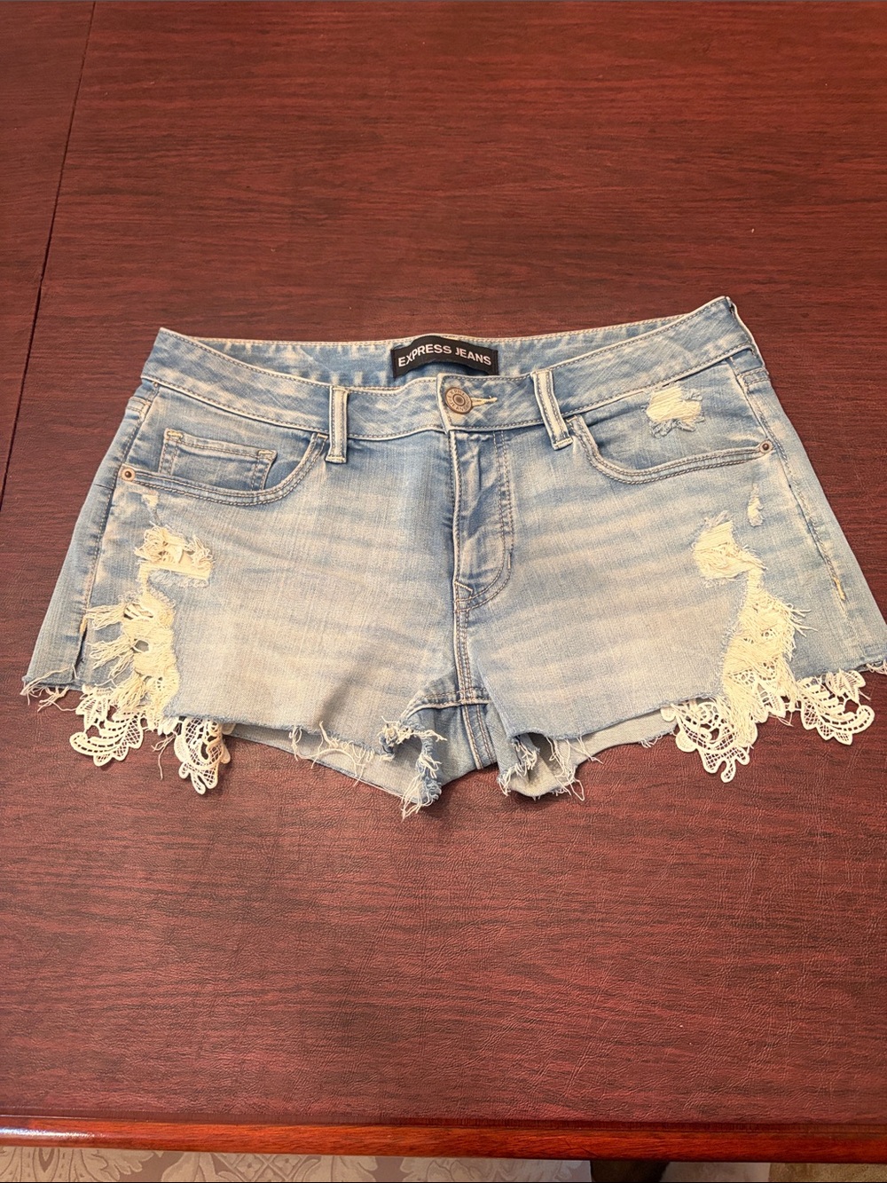Express  Light Blue Distressed Denim Lace Trim Shorts